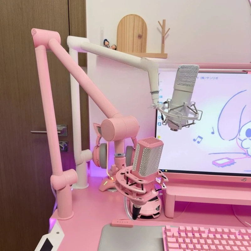 Microphone pink cantilever bracket, desktop hidden cable multi-directional lifting microphone desktop support bracket