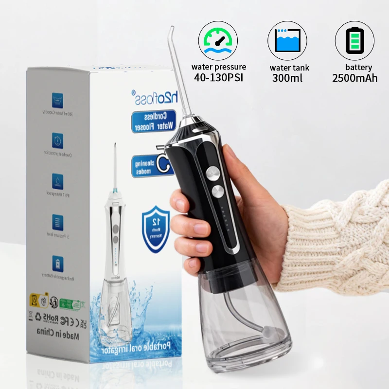 

H2ofloss Oral Irrigator Portable Water Flosser Dental Water Jet High Pressure 5 Modes 5 Tips for Teeth Cleaning and Nasal 2in1