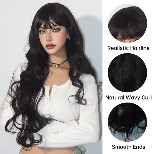 Imagen 2 del producto Pelucas sintéticas onduladas negras súper largas con flequillo para mujer Afro onda de agua oscura Halloween Cosplay peluca de pelo Natural resistente al calor