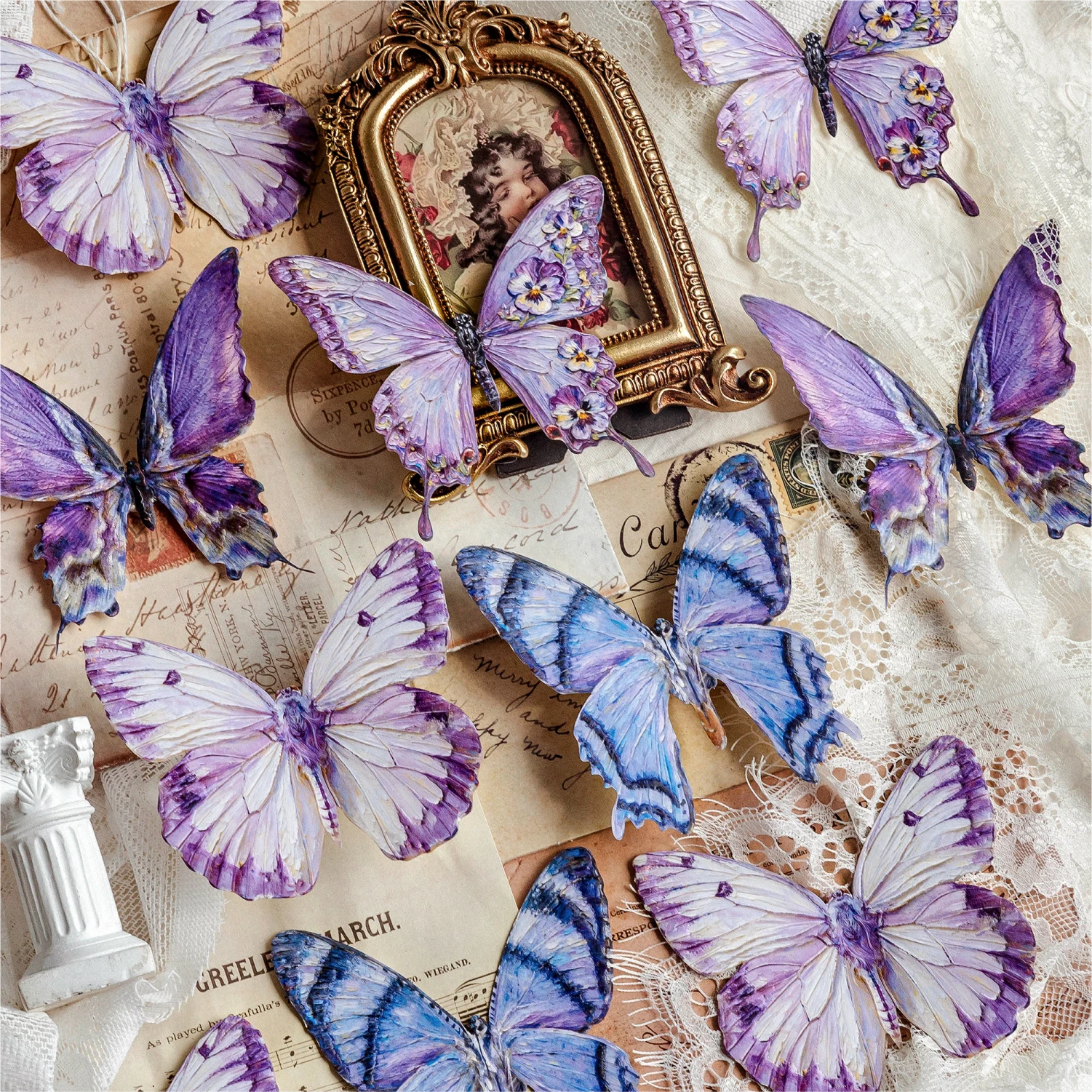 10 pcs Monet's Butterfly Poetry Series Sticker Embossed Relief Oil Painting Butterflies Scrapbook Collage Decorative Stickers