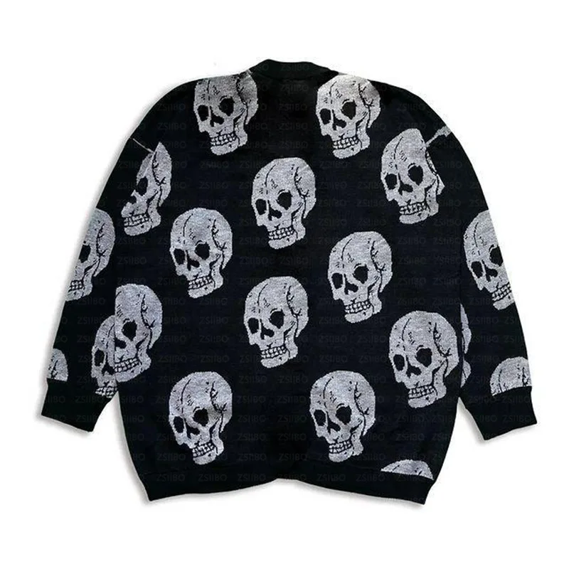 Halloween New Loose Coat Knitted Sweater Skull Jacquard Long Sleeve Loose Cardigan Sweater