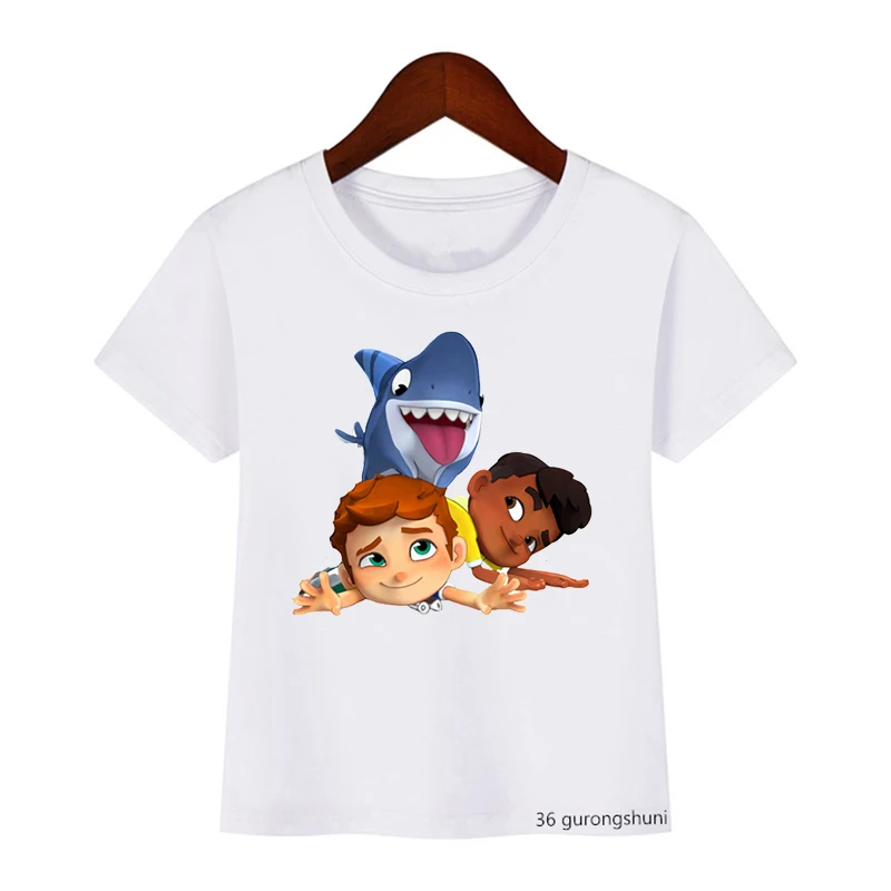 Cute Boys Girls Kawaii Sharking with Sharkdog Cartoon Print Children\'S Tshirt Summer Baby Clothes White Short Sleeve Tops