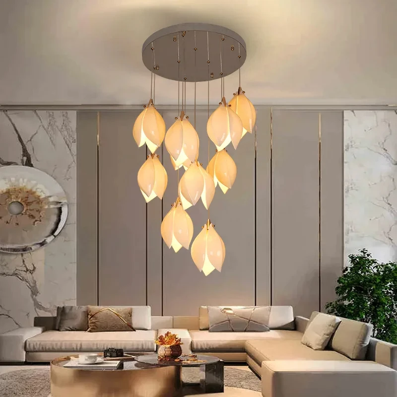 

Duplex Staircase LED Long Chandelier Hotel Villa Hall Hanging Pendant Light Ceramic Magnolia Art Suspension Lustre CX106DS