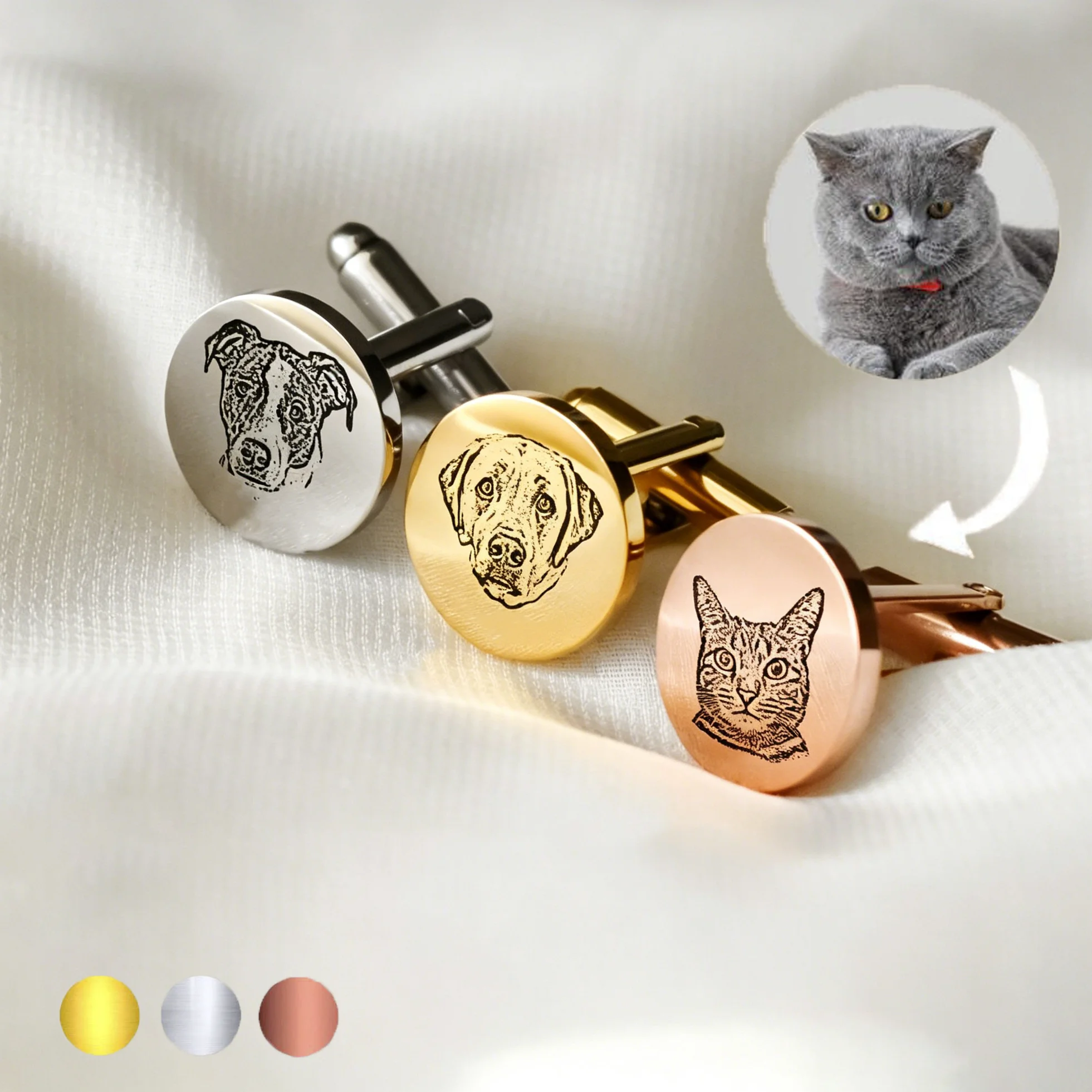 Pet Portrait Custom - กระดุมข้อมือสแตนเลสสตีลคู่ลายภาพสัตว์เลี้ยงแบบกำหนดเอง สลักลายแมว สุนัข สำหรับผู้ชาย ผู้หญิง เครื่องประดับทางการสำหรับธุรกิจ