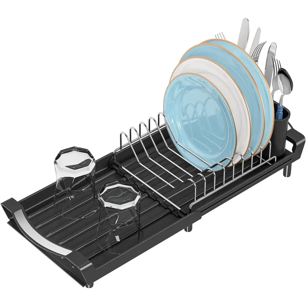 Expandable Compact Dish Rack with Cutlery Tray, Black, for Sink or Countertop Use
