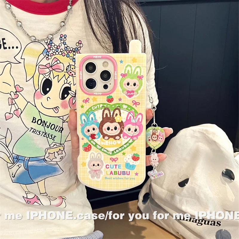 

Kawaii Cartoon Rabbit 3D Mobile Phone Case For iPhone 16 Pro 15 14 13 Pro max Cover with Love Mirror Stand Holder Charm Cases