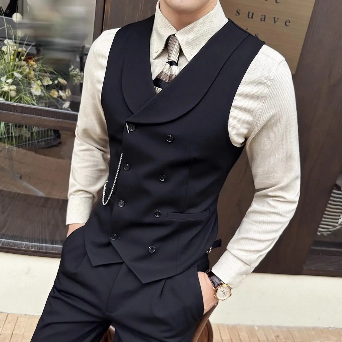 

( Vest + Pants) British Style Double Breasted Solid Suit Vest 2 pieces High Quality Men's Business Casual Office Social Vest Set