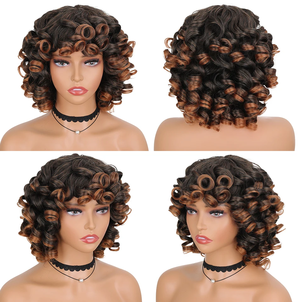 Kurze Haare Afro Verworrene Lockige Perücken Synthetische Mit Pony Für Schwarze Frauen Flauschige Afrikanische Ombre Cosplay Natürliche Braune Perücken Afro YOKAS – Detail 2