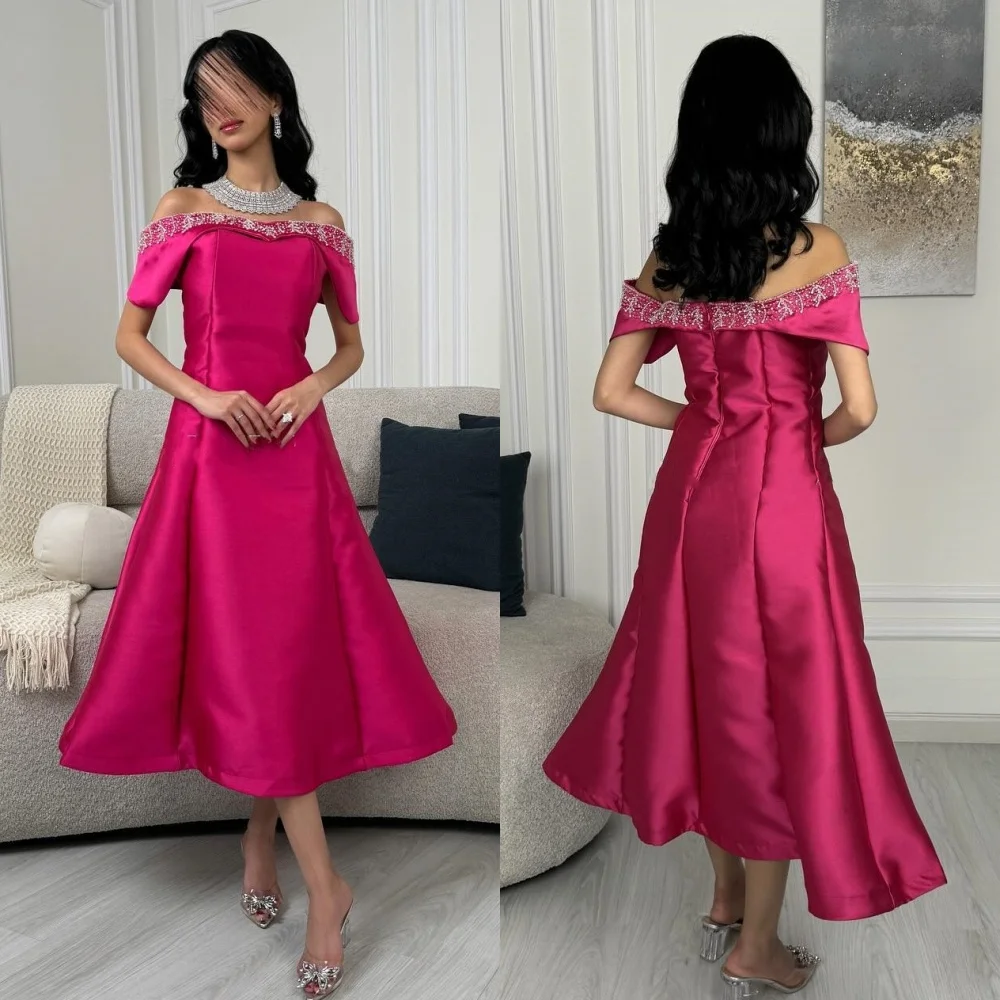 Customized Elegant Beading Sequined Pleat A-line Off-the-shoulder Midi Dresses Bespoke Occasion Dresses Matching Modern Style