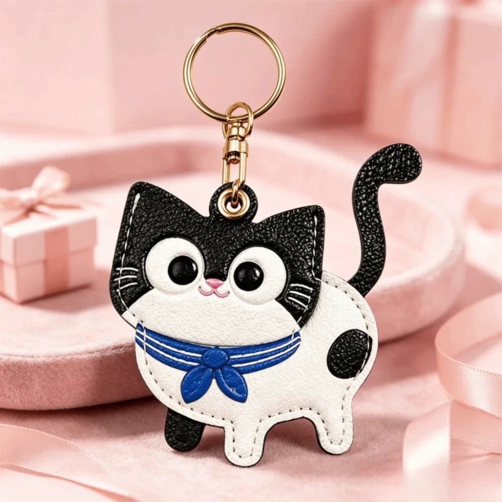 Schlüsselanhänger aus Leder, Kitty-Zugangskartenhülle, niedlicher Anti-Verlust-Ausweishalter, Taschenanhänger, Katzen-Design, Katzen-Schlüsselanhänger für Mädchen – Detail 4