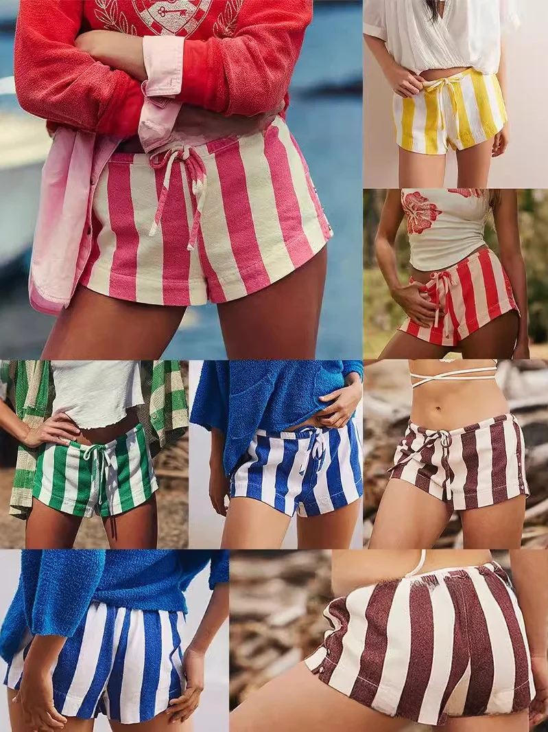 

Faionable Striped Casual Beach orts for Women Summer 2024 Low Waist Knitted Straight Leg Pants with kets Belted Sle