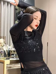 Women's Long Sleeve T-shirt Sexy Coquette Clothes Black Top Female Sequin Rhinestone Glitter One Size Clothing Chic and Elegant