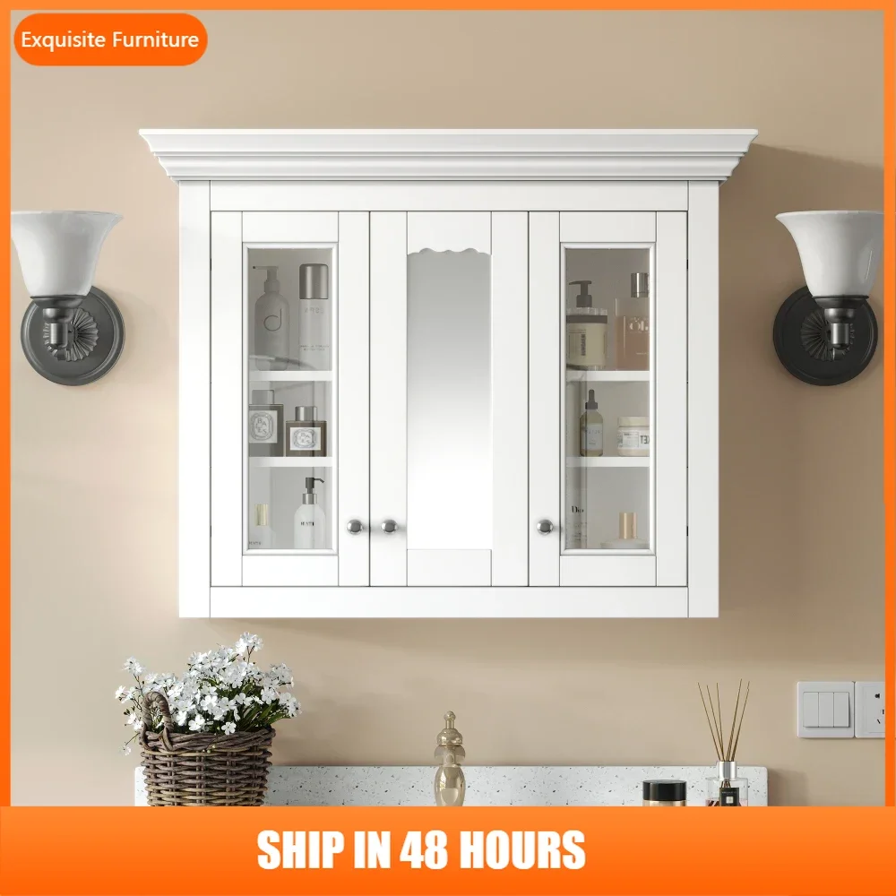 

35" Bathroom Medicine Cabinet with Mirror, 5 Closed & Adjustable Shelves, Bathroom Wall Mounted Storage Cabinet with Glass Doors