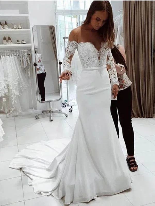 2020 Autumn Women's One Shoulder Lace Long Sleeved Floor Mopping Wedding Dress New