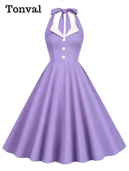 Tonval Halter Neck Buttons Vintage Flared Hem Prom Retro Party Dresses for Women 2026 Evening High Waist Pockets Summer Dress