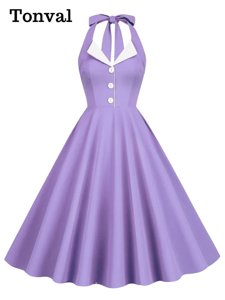 Sukienki damskie Tonval z dekoltem typu halter, zapinane na guziki, w stylu vintage, z rozszerzanym dołem, na studniówkę, retro, na imprezę, z wysokim stanem, kieszeniami, letnie, wieczorowe, model 2026.