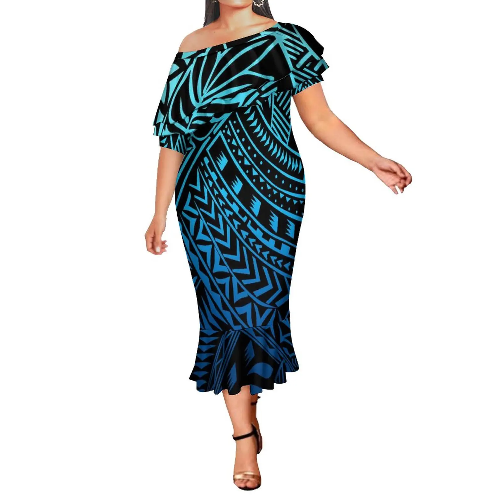 Pacific Island Art Fashion Double Ruffle Mermaid Dress Tongan Polynesian Off Shoulder Fishtail Dresses Customize Luxury Design