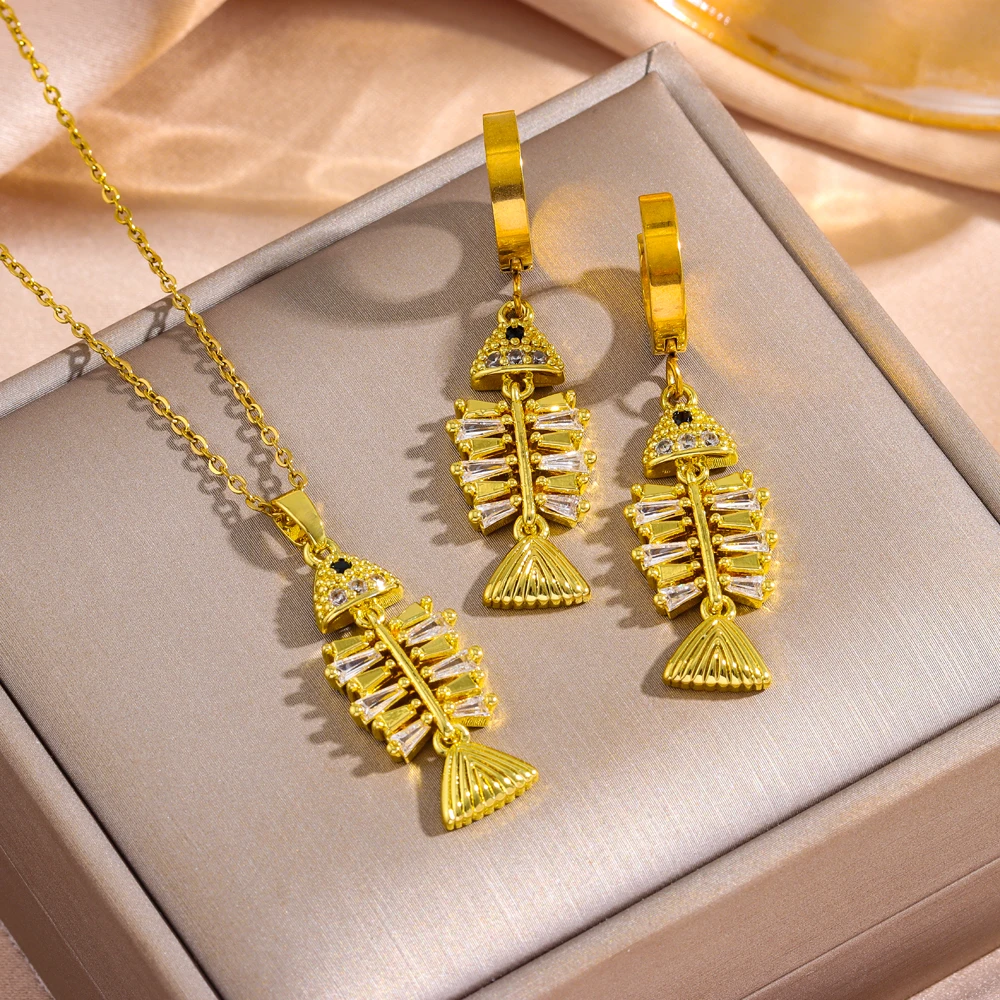 New 18K Gold Plated Zircon Crystal Fishbone Necklace Earrings For Women Female Daily Wear Stainless Steel Neck Chain Jewelry Set