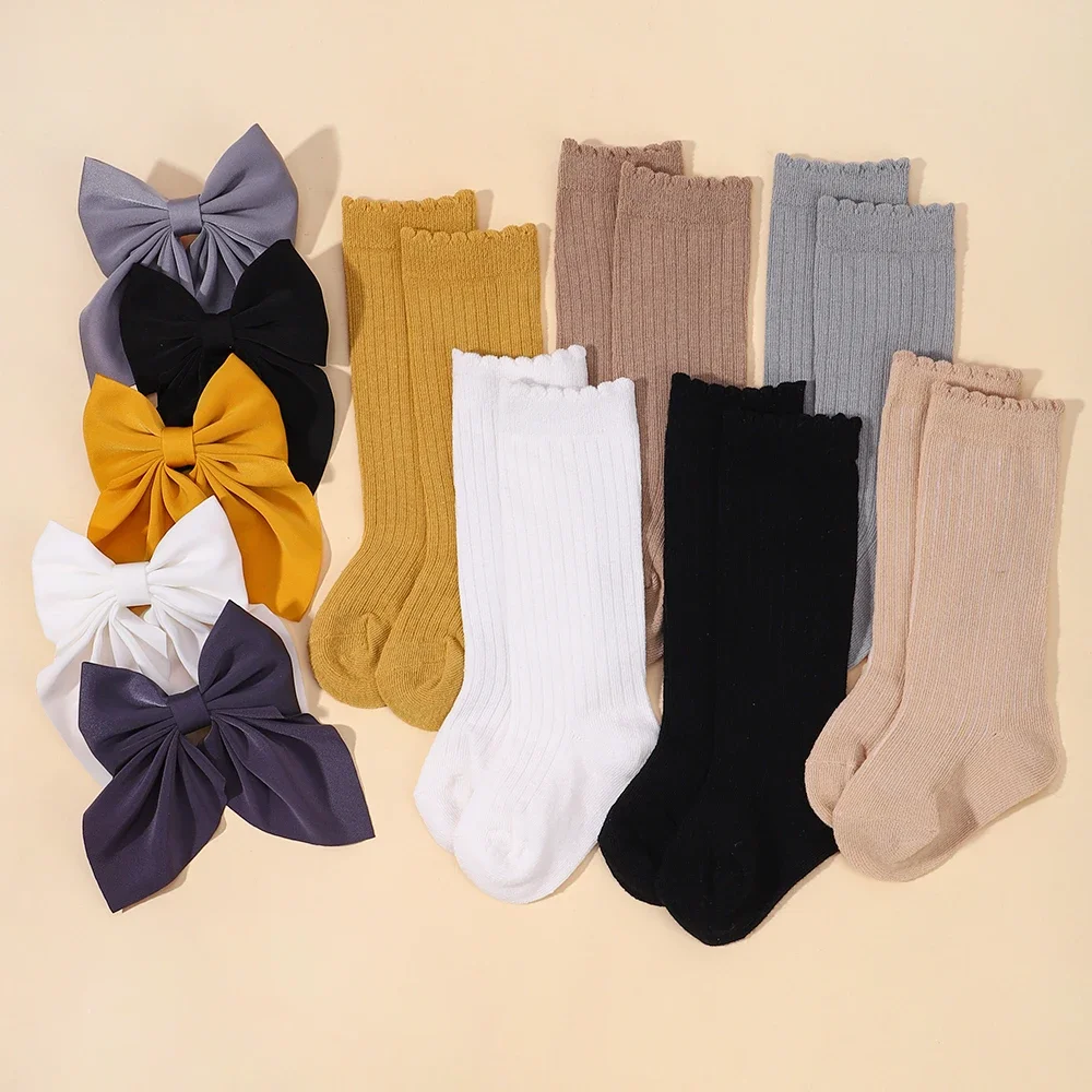 [Hairclip+Socks] Set Lovely Ribbon Bowknot Hairpins for Girl Soft Cotton Warm Stocking Autumn Best Gift Kids Hair Accessories