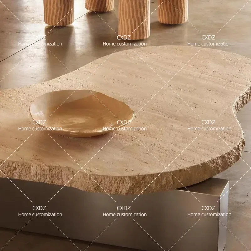 Nordic Wabi Sabi Natural Travertine Coffee Table Irregular Shape Light Luxury Living Room Small Apartment Modern Minimalist