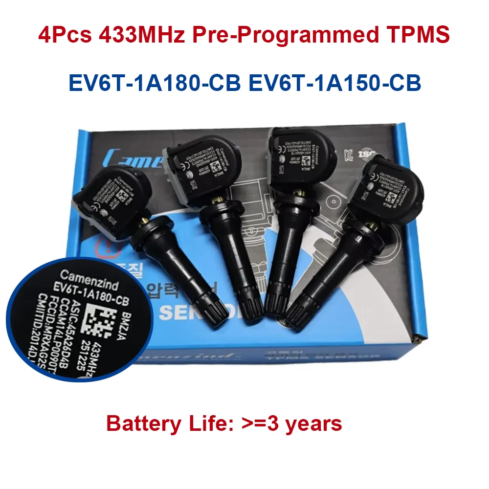 4 szt. EV6T-1A180-CB EV6T1A180CB EV6T-1A180-DC Programowane czujniki TPMS do monitorowania ciśnienia w oponach 433MHz do Ford F-150 Focus Kuga Mondeo Mk5 Ecosport Fiesta EV6T1A180DC EV6T-1A150-CB