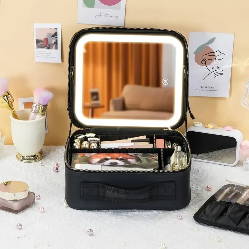 3-Color Portable Travel Makeup Bag with Mirror and Rechargeable LED Light - Waterproof, Unscented, and Lithium Battery Powered