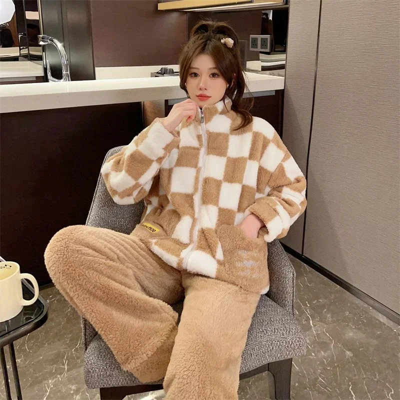 120Kg Winter Flanel Plus Size Pyjama Vrouwen Herfst Winter Rits Coltrui Dikke Coral Fleece Loungewear Set Comfort Nachtkleding