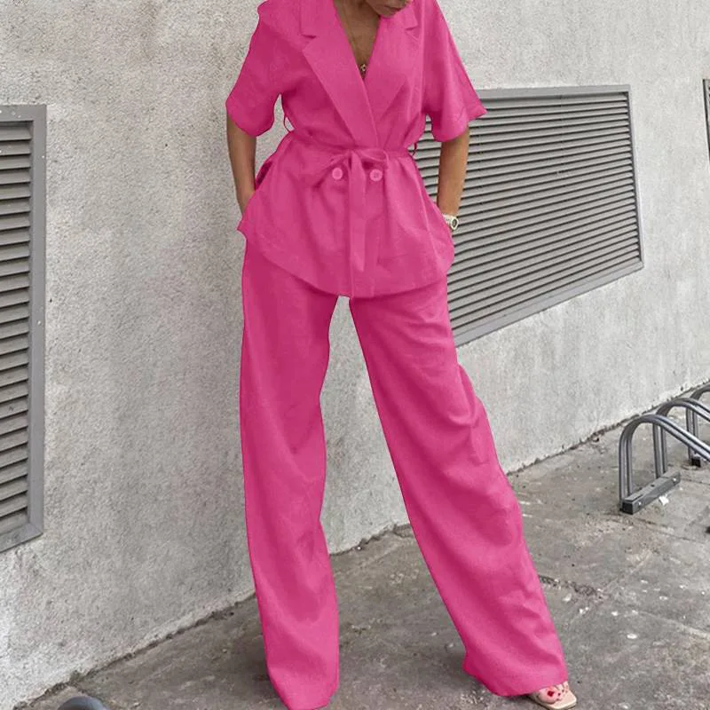 

Fashion Office Lady Two Piece Set Spring New Lapel Button Short Sleeve Belt Top Elastic Waist Straight Trousers Set For Women