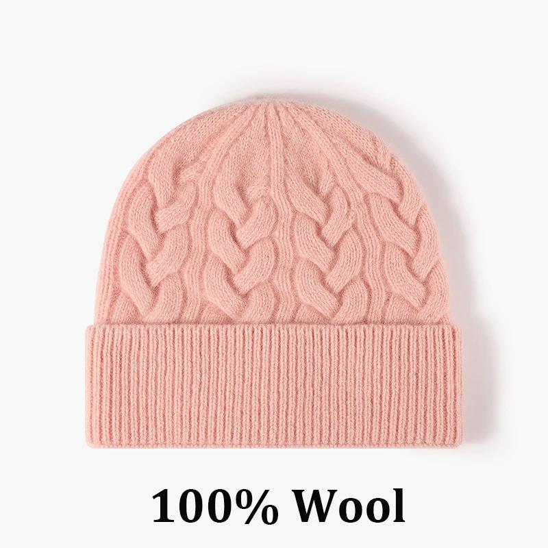 

100% wool knitted beanies hats for women and men autumn winter hat cap skullies solid color twist knitting