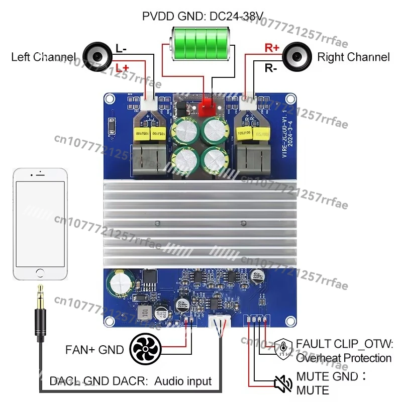TPA3251 Class D Digital Power Amplifier Board 2 * 200W DC24-38V High Power Stereo Home Theater Speaker Module