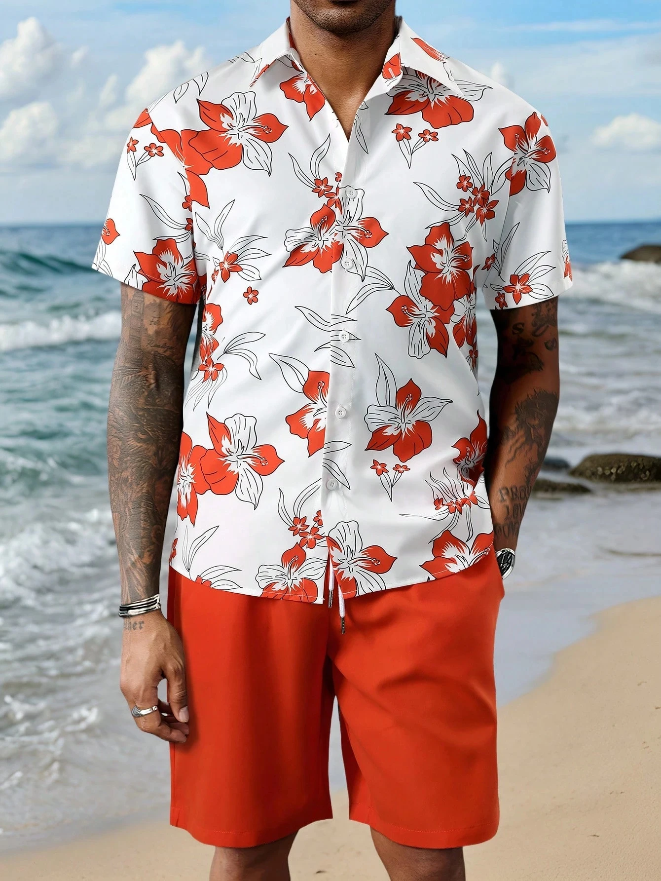 

Men's Casual Vacation Shirt Set, Short-sleeved Button-down Shirt, Men's Floral Printed Hawaiian Shirt And Shorts, Two-piece Set
