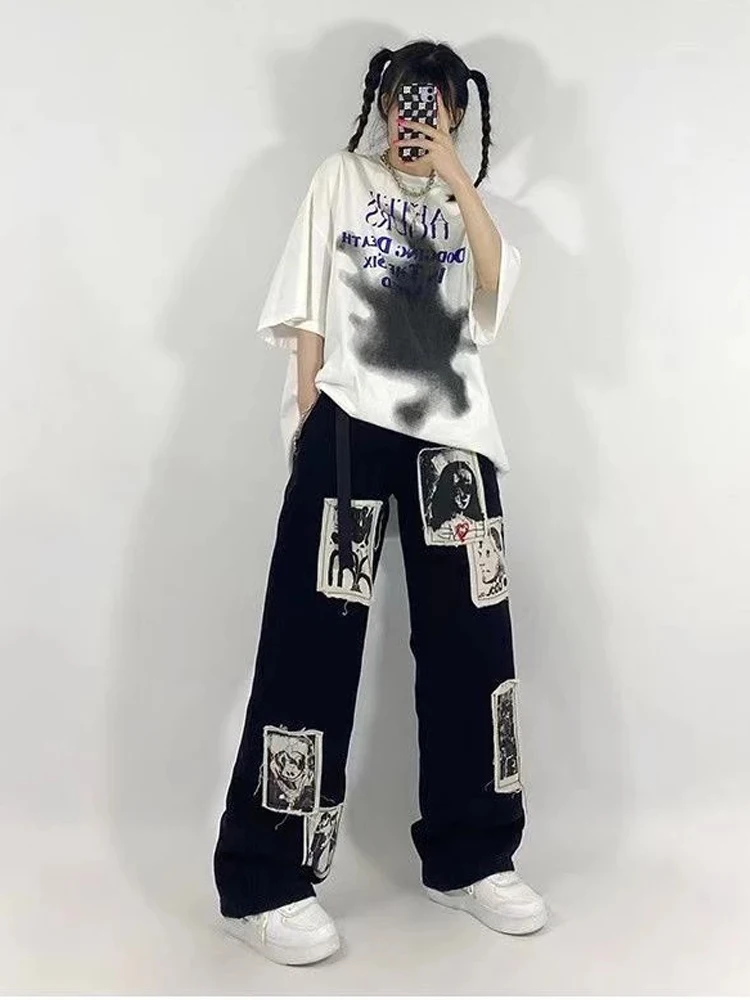 

Grunge Punk Patchwork Black Jeans Women Hip Hop Streetwear Print Oversize Wide Leg Trousers 90s Vintage Fashion Pants