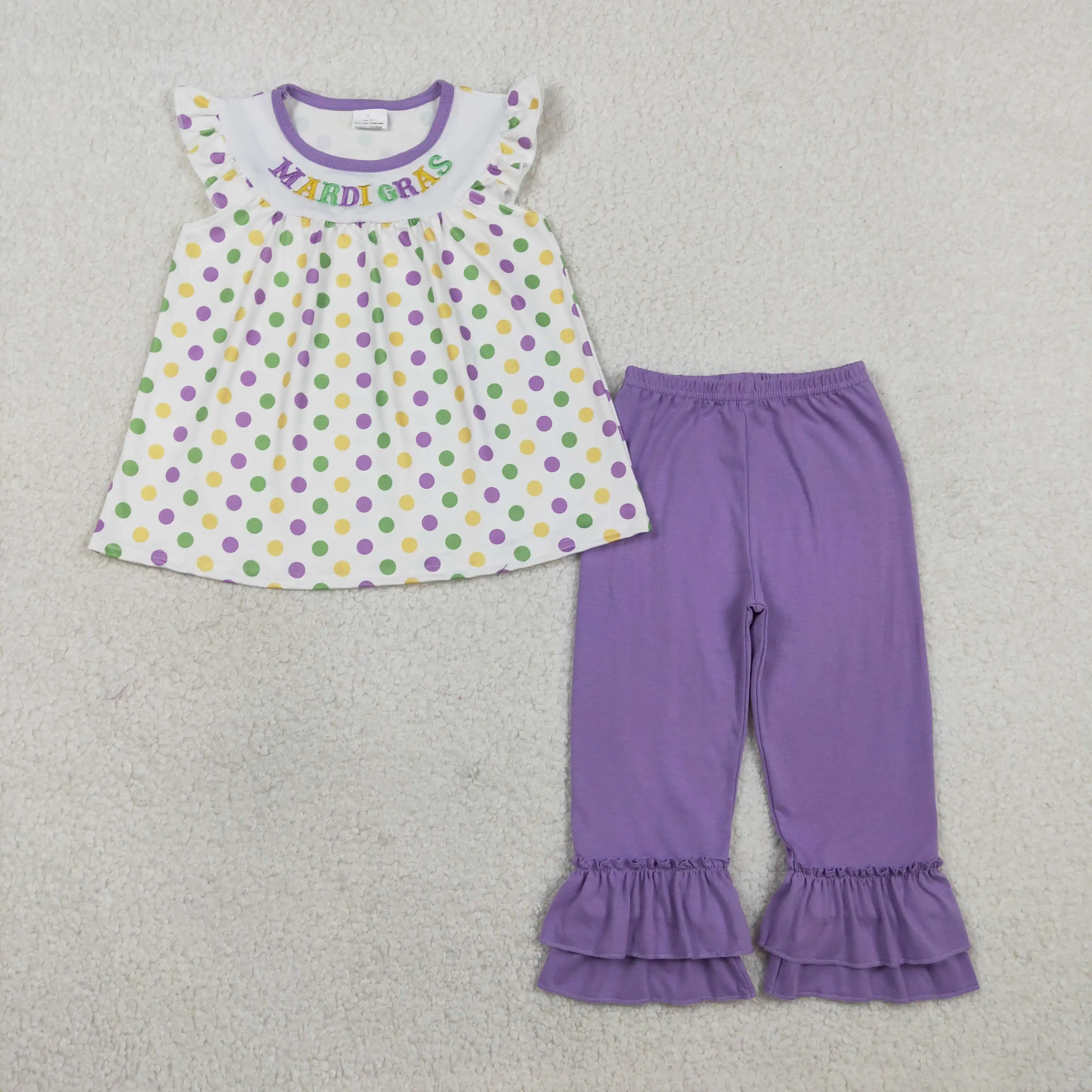 

NEW Festival Embroidery Mardigras Baby Girls Polka Dots Tunic Ruffle Pants Clothes Sets