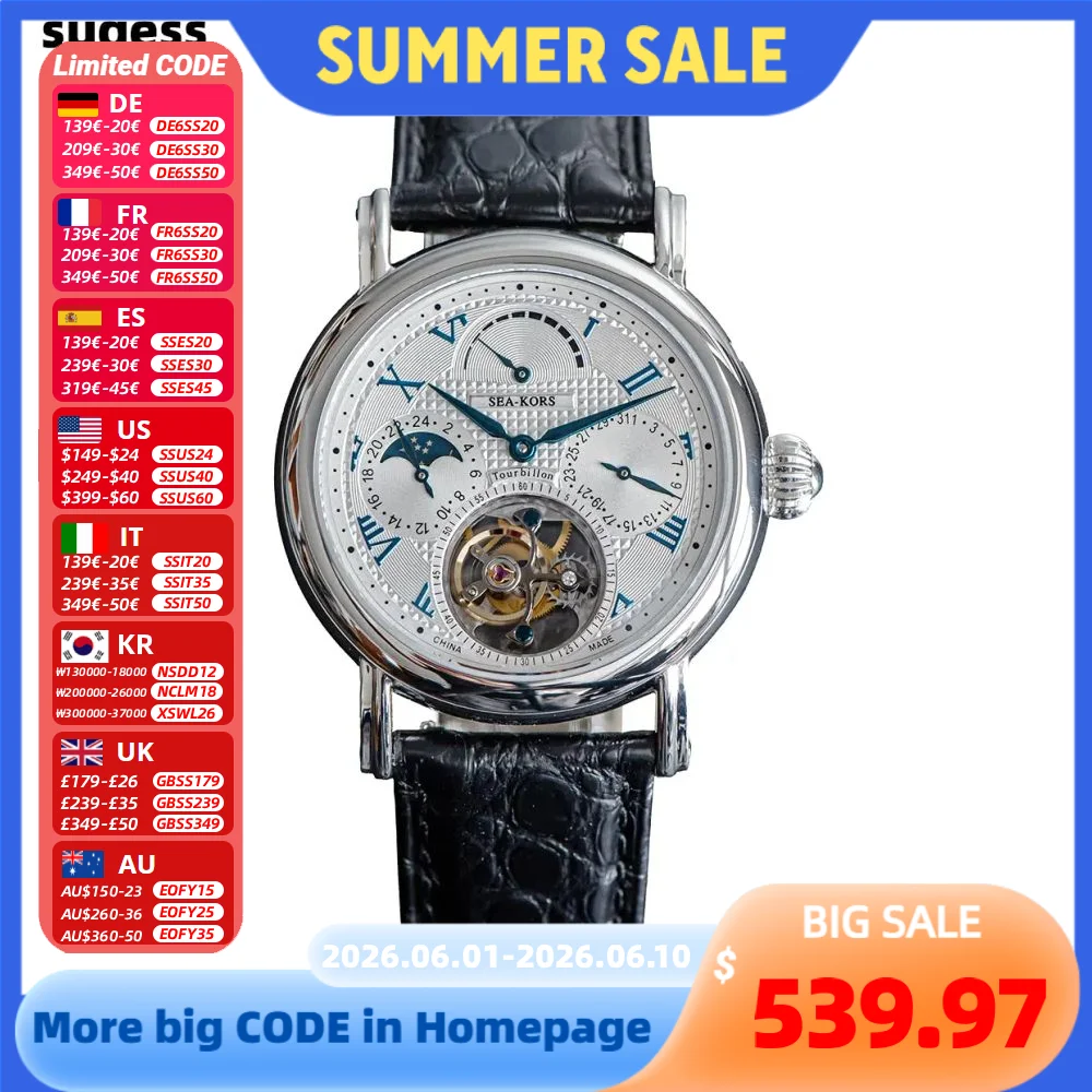 

Sugess Seakors Man Tourbillon Watch Original ST8007 Movement Skeleton Dial Moonphase Wristwatche 316L Case Sapphire Romen Luxury