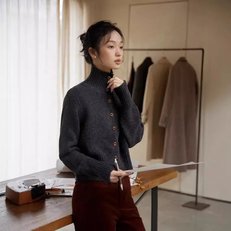 

European Style Wool Cardigan Women, High Collar Short Loose Top, Cashmere Knitted Stand Collar Sweater Coat