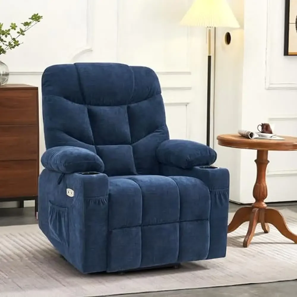 Electric Power Lift Recliner Chair with USB Ports Cup Holders Fabric Elderly Navy Blue Split Back Medium-Regular Easy Assembly