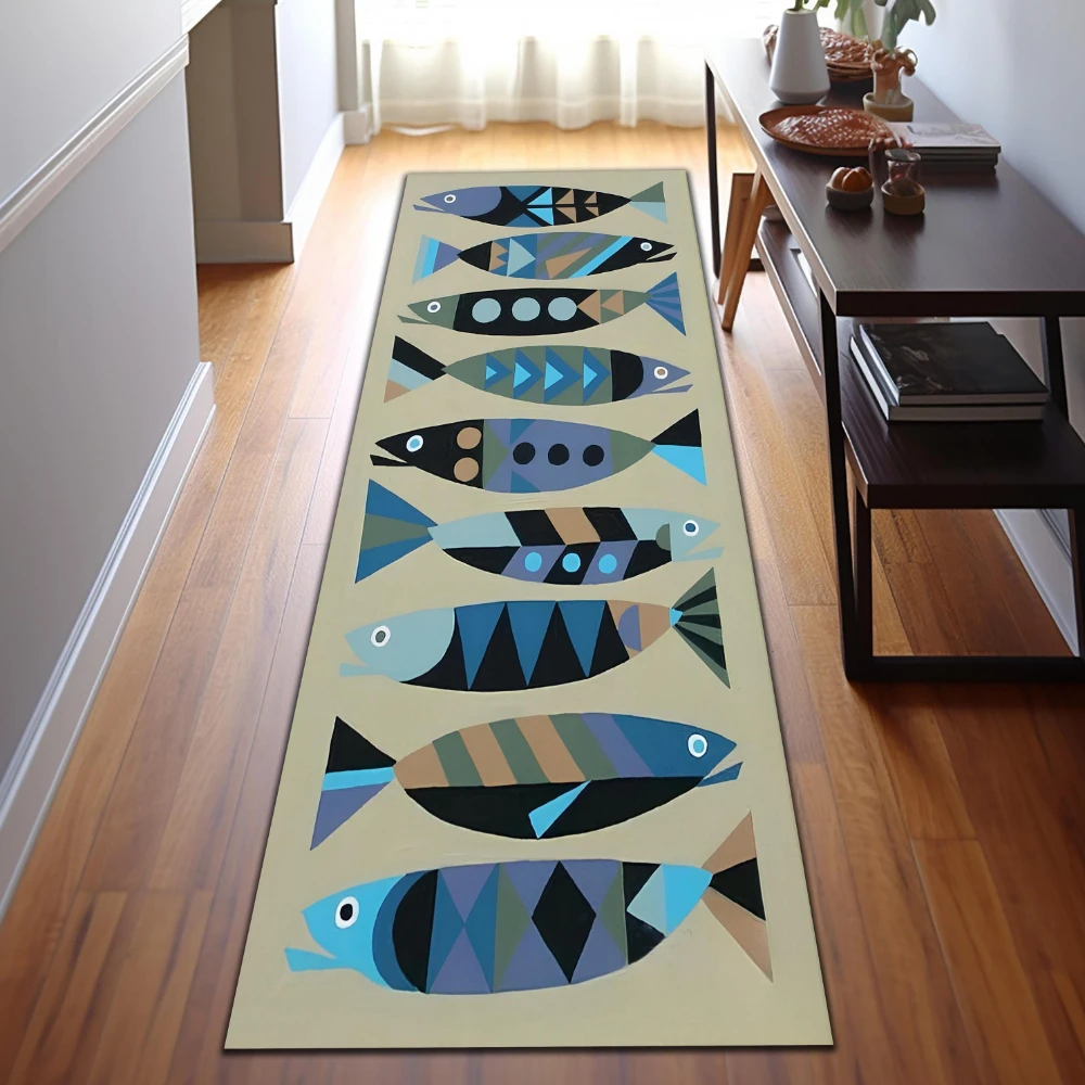 Mid Century Abstract Geometric Fish runner rug galley kitchen bathroom sunroom foyer washable nonslip mat gift