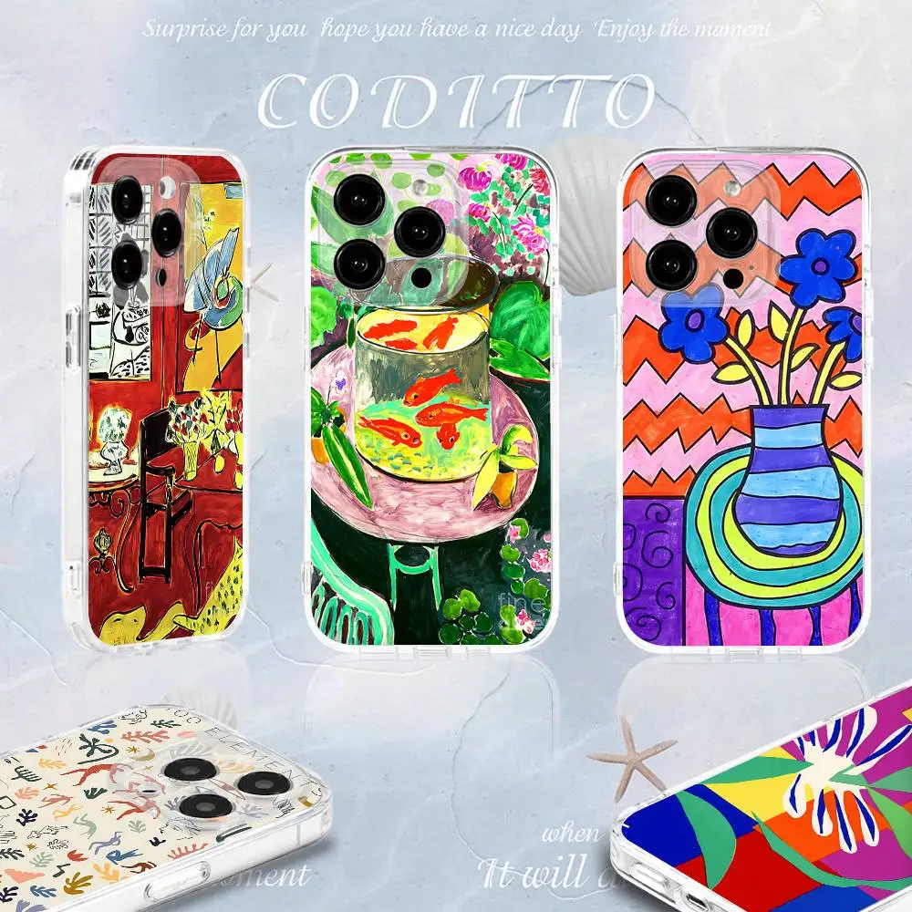 

H-Henri Paintings M-Matisse Phone Case For iPhone 16,15,14,13,12,11 Pro,Max,Plus,X,XS,XR,SE4,E Mini Transparent Soft Cover