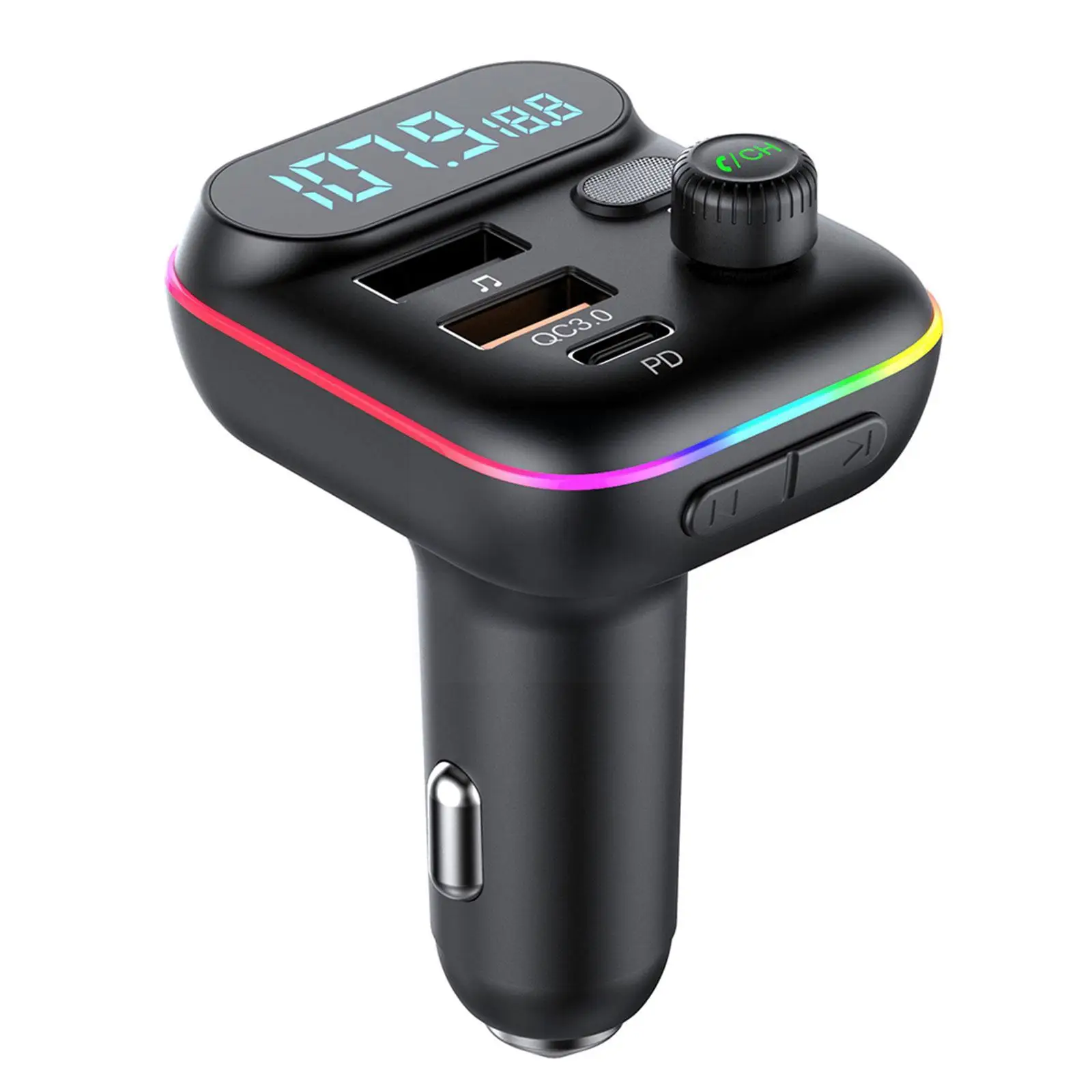 Car Fast Charge Bluetooth 5.0 FM Transmitter PD Dual Player Music Type-C Colorful Ambient MP3 Light Cigarette Lighter USB C0E3