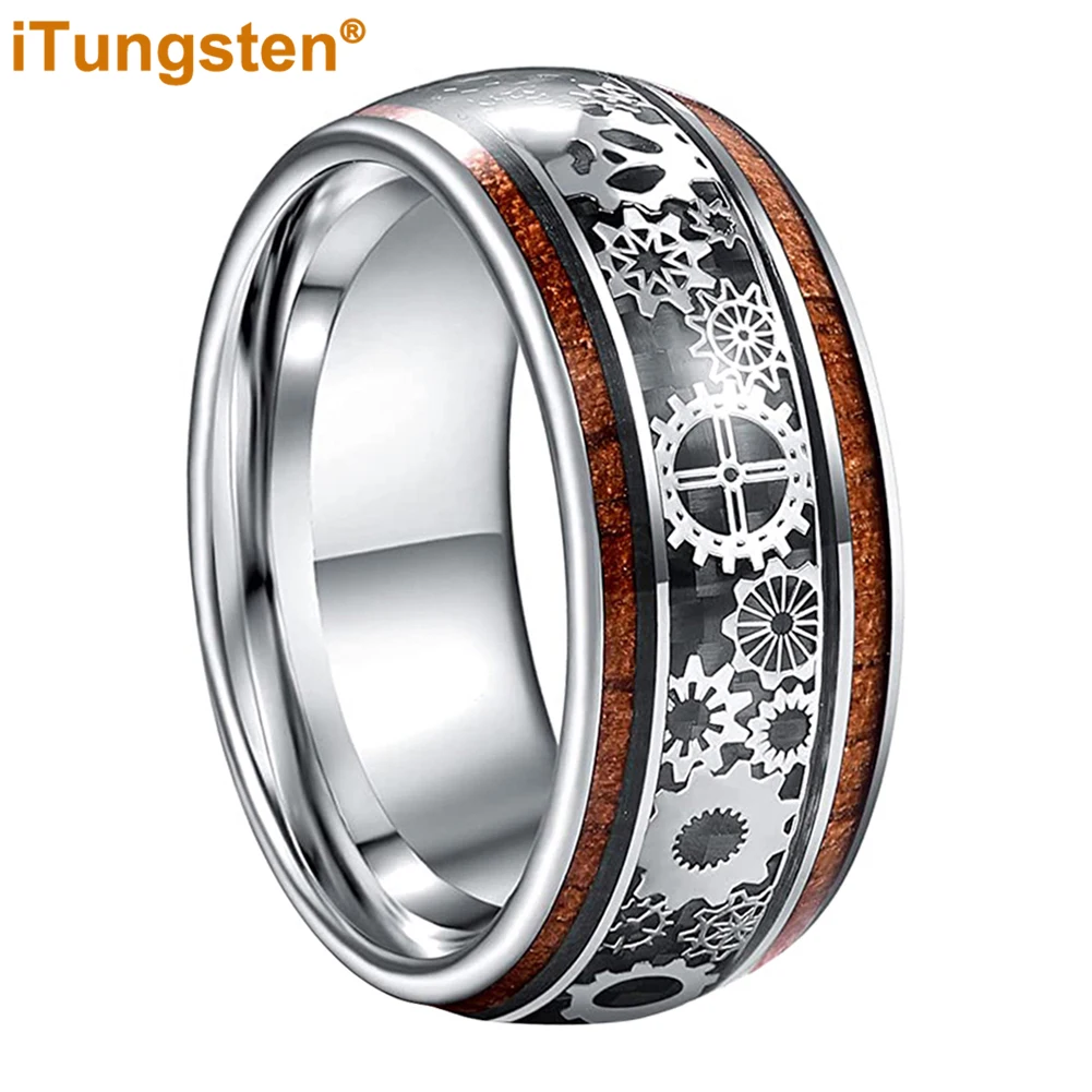 iTungsten 10mm Super Men Ring Tungsten Wedding Band Domed Polished With Wood And Steampunk Inlay Free Shipping