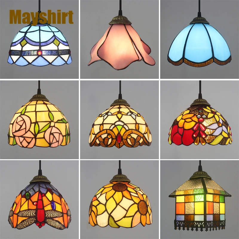 

Tiffany Pendant Lights Vintage Mediterranean Baroque Stained Glass Flower Hanging Lamp Bar Kitchen Lighting Fixtures Home Decor