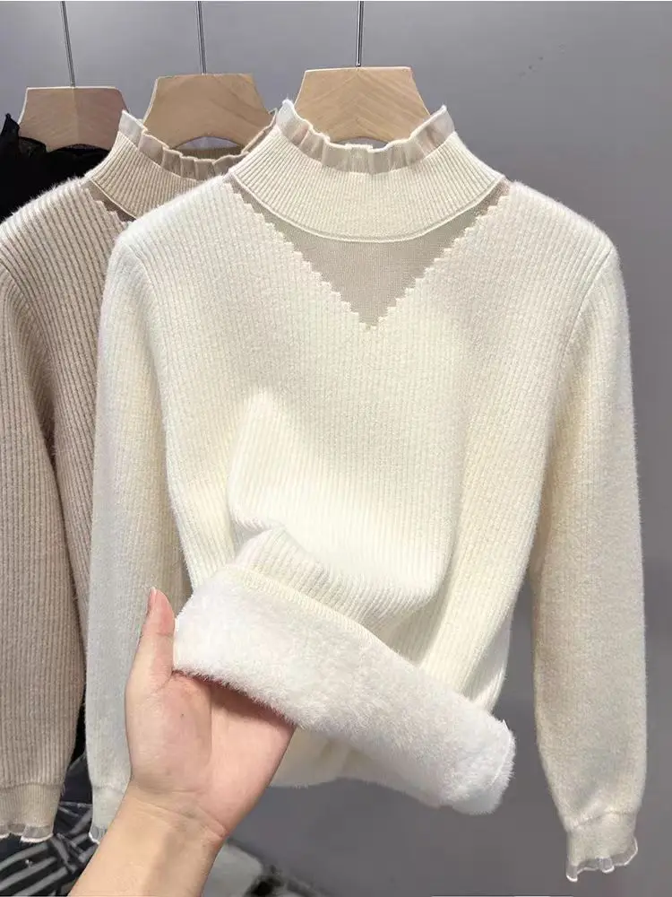 

Women's Thiened f-High Collar One-Piece Fce Knitted Base irt Autumn Winter Faion Slim Fit Inner Lace Top