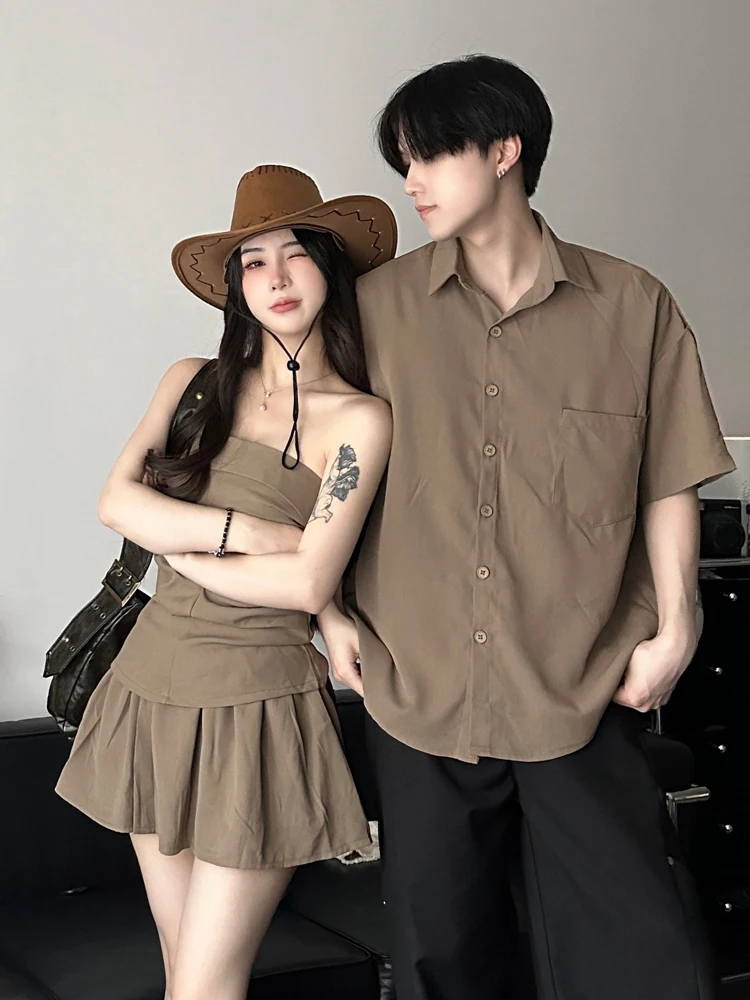 Unique Design Couple Outfit Summer Short Sleeve Shirt Men Sweet Spicy Girl Tube Top High Waist Short Skirt Set One Skirt One ...