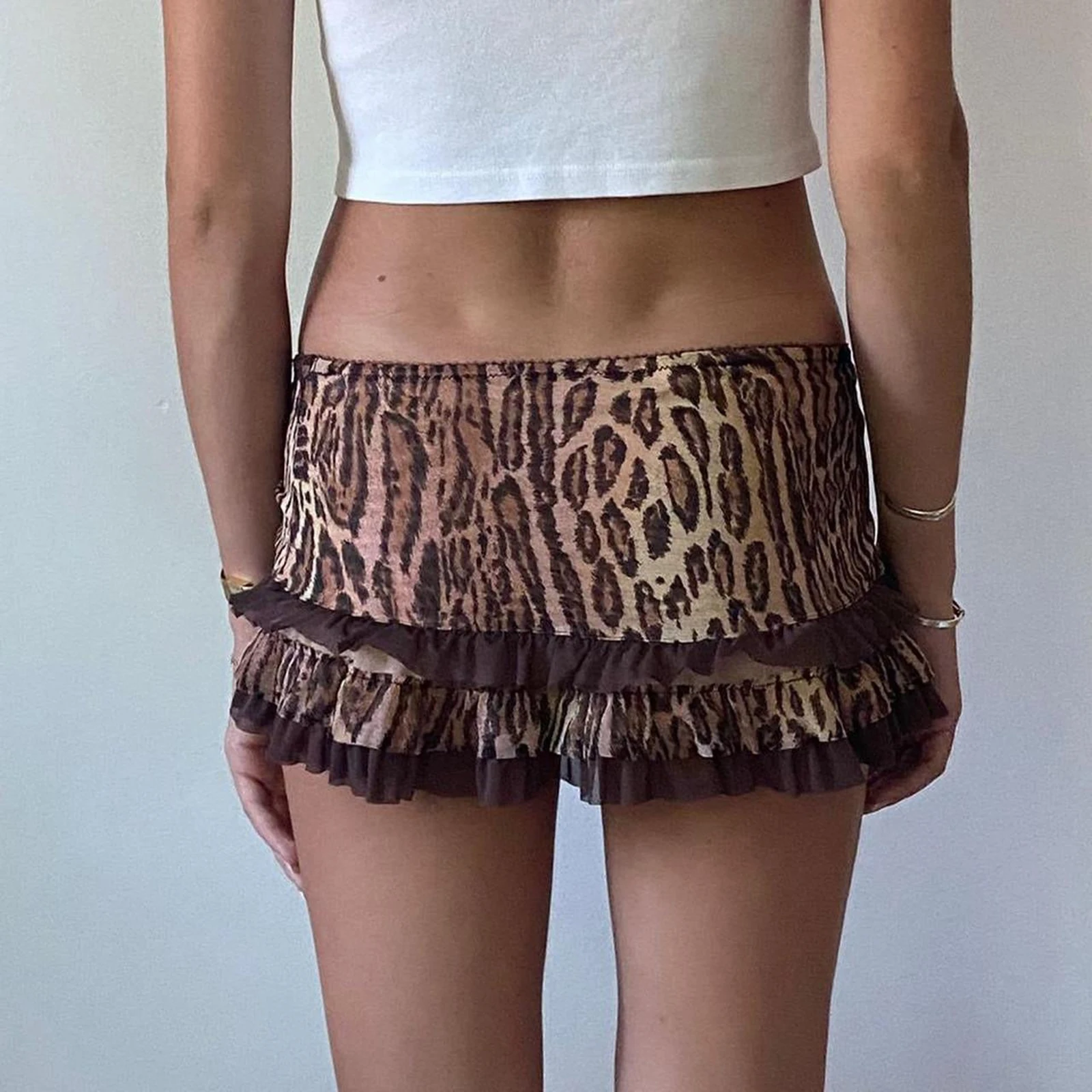 Sexy Women Mini Short Skirt Fahsion Low Waisted Leopard Print Ruffle Lace Edge Fashion Short Skirt Club Streetwear