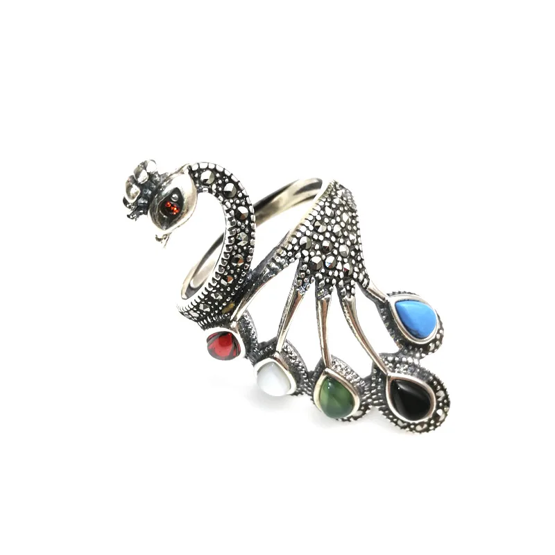 925 Sterling Silver Peacock Ring Female Retro Exaggerated Opening Phoenix Index Finger Ring Women Stones Temperament Accessories