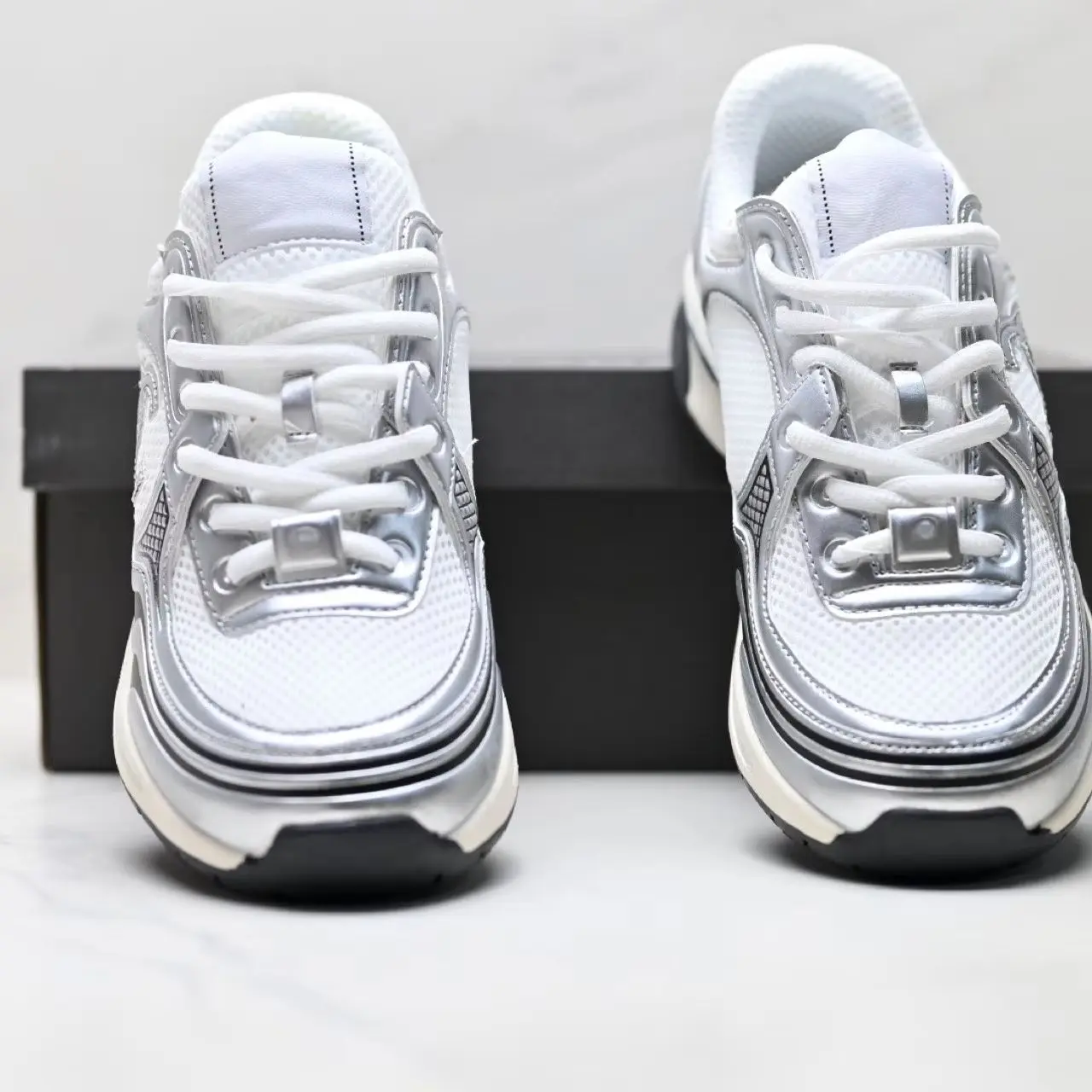 Unisex White Silver Mesh Chunky Sneakers Lace Up Thick Sole Fashion Trainers for Men Women