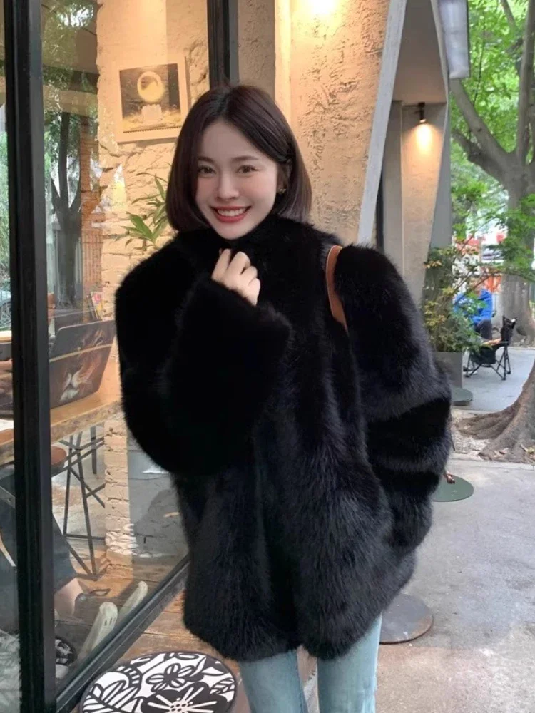 Fashion Imitation Fox Fur Black Fur Elegant Coat Women's Winter New Standing Collar Environmentally Friendly High-end Long