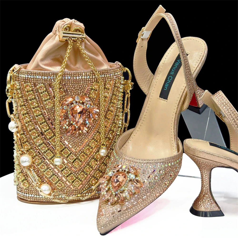 

doershow New Arrival African Wedding Shoes and Bag Set peach Italian Shoes with Matching Bags Nigerian Women party HDF1-7