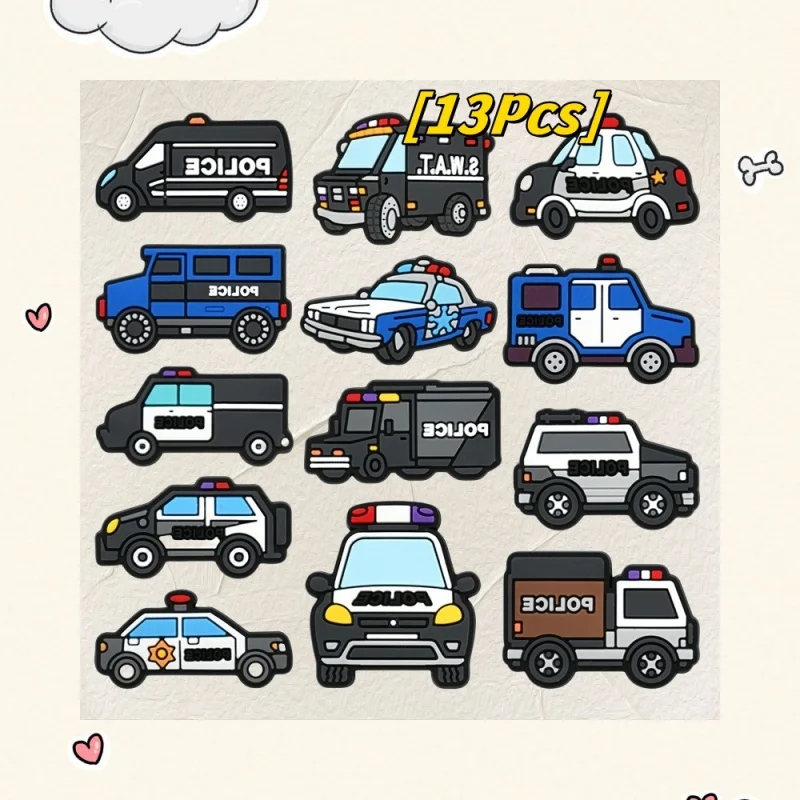 

13Pcs Cool Cars PVC Boys Girls Shoes Charms Police Buckle Clog Decorations Fit Holiday Present Cartoon Shoe Accessories