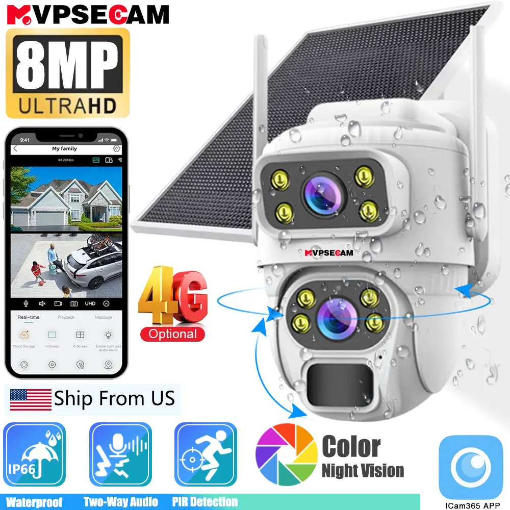 4K Dual Lens Solar Camera 4G SIM Card Outdoor 8MP Surveillance IP CCTV With Battery And Solar Panel 360 PTZ Security Protection